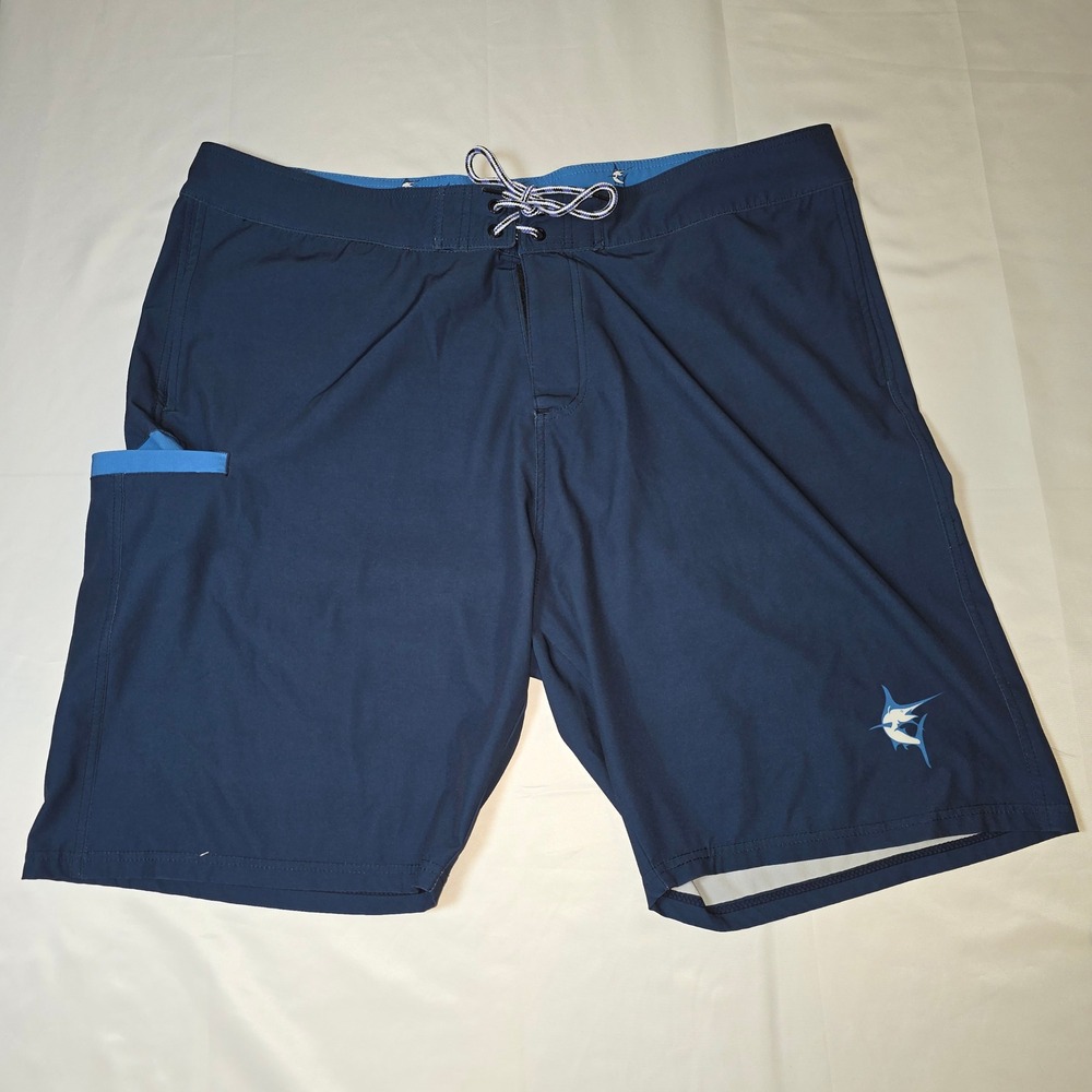 White Water Mens Navy Blue Marlin Logo Board Shorts Swim Trunks Size 40 Stretch